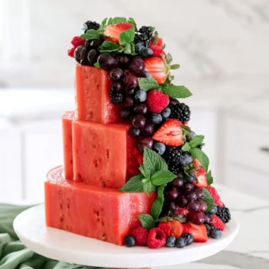 Delicious Watermelon Cake decorated with fresh fruit and mint leaves.