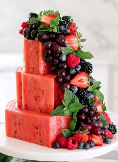 Delicious Watermelon Cake decorated with fresh fruit and mint leaves.