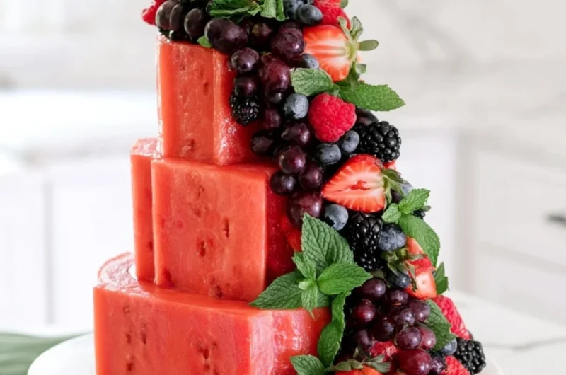 Delicious Watermelon Cake decorated with fresh fruit and mint leaves.