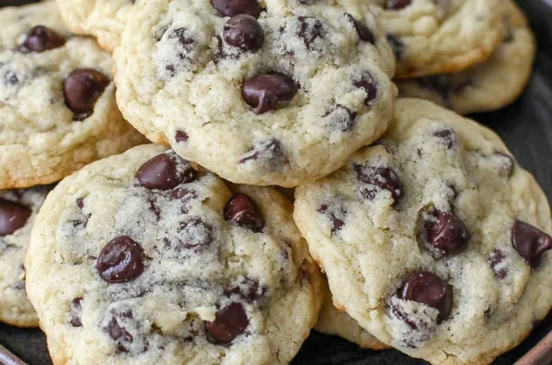 Yogurt chocolate chip cookies on a plate, topped with chocolate chips.