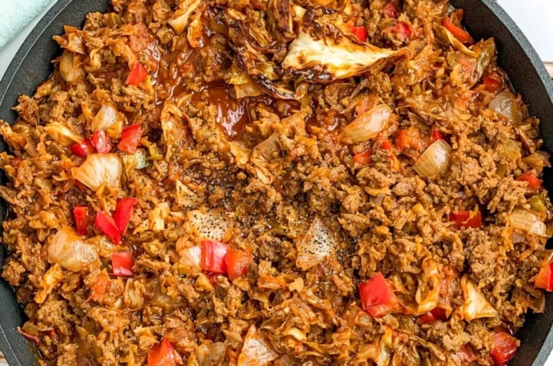 Plate of African Cabbage Stew with Ground Beef garnished with fresh herbs