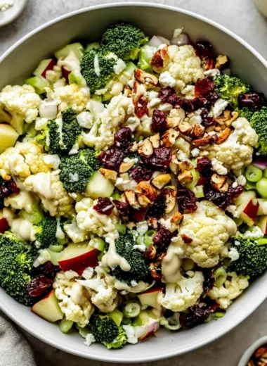Fresh Apple Broccoli Cauliflower Salad with colorful vegetables and dressing