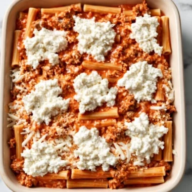 Delicious homemade Baked Ziti with melted cheese and pasta in a casserole dish.