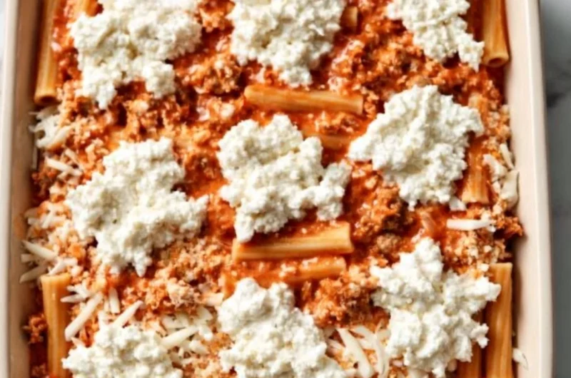 Delicious homemade Baked Ziti with melted cheese and pasta in a casserole dish.