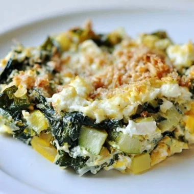 Baked zucchini, spinach, and feta casserole dish freshly served.