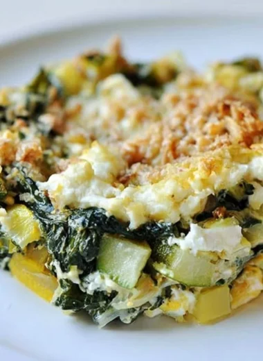 Baked zucchini, spinach, and feta casserole dish freshly served.