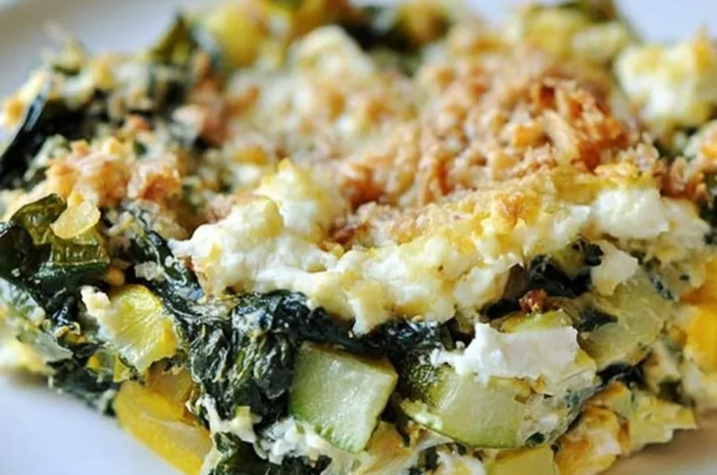 Baked zucchini, spinach, and feta casserole dish freshly served.