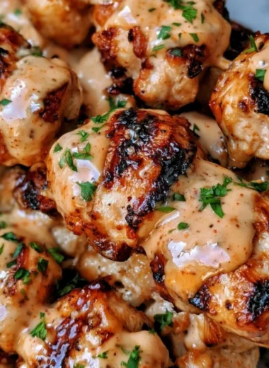 Bang Bang Chicken Skewers served on a plate with dipping sauce