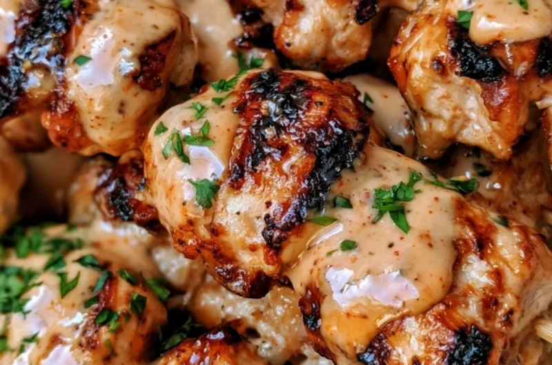 Bang Bang Chicken Skewers served on a plate with dipping sauce