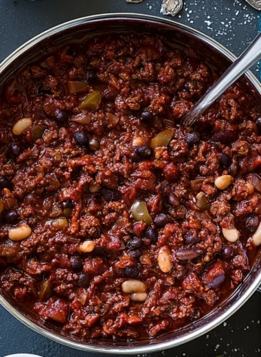 Bourbon-Spiked Kentucky Chili in a rustic bowl garnished with herbs