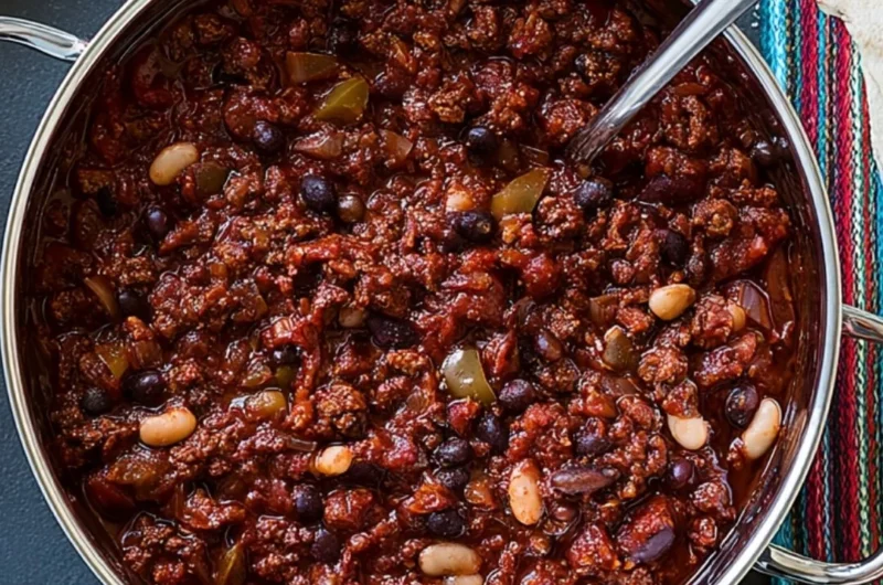 Bourbon-Spiked Kentucky Chili in a rustic bowl garnished with herbs