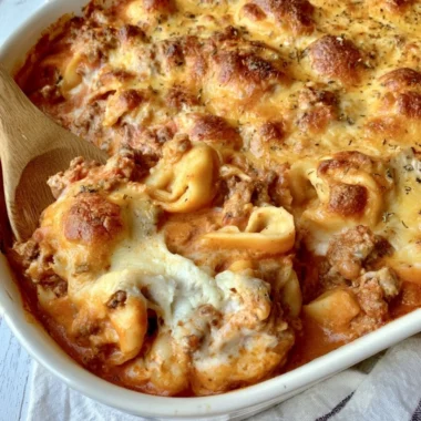 Cheesy baked tortellini casserole fresh out of the oven