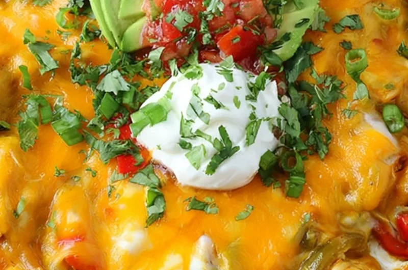 Cheesy Chicken Fajitas Casserole with colorful peppers and melted cheese