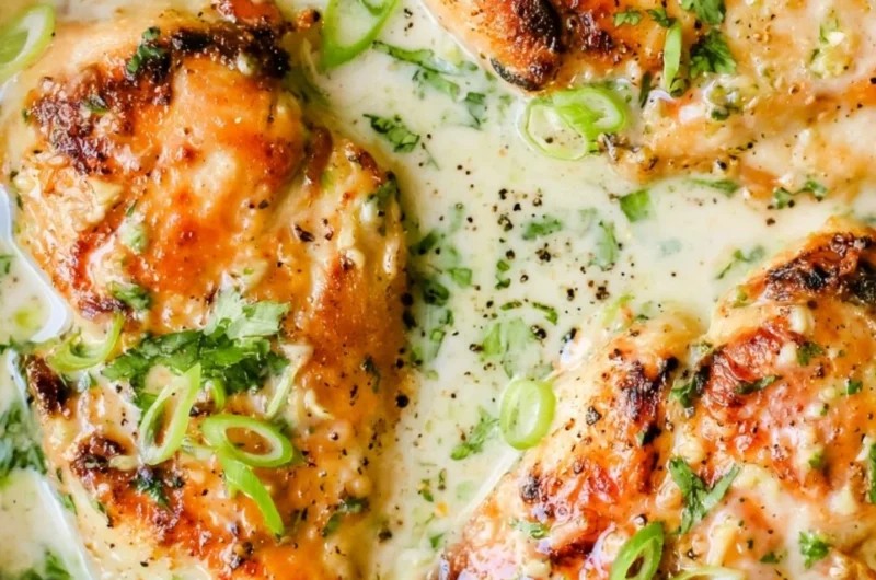 Delicious Coconut Lime Chicken garnished with lime slices and cilantro