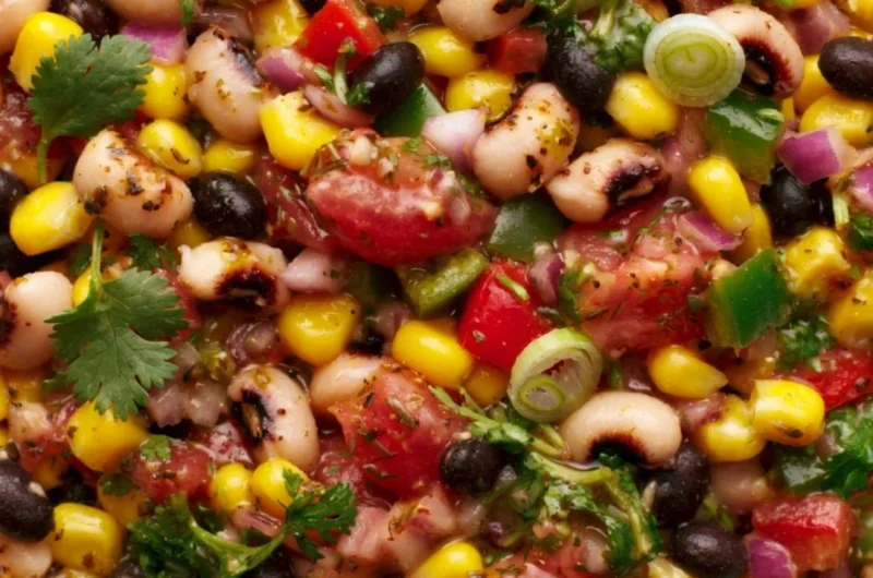 Bowl of colorful Cowboy Caviar dip with fresh ingredients