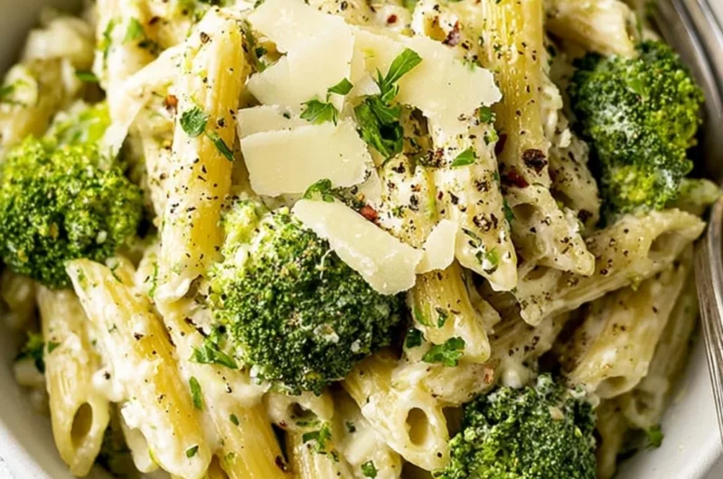 Creamy garlic pasta with broccoli served in a white bowl