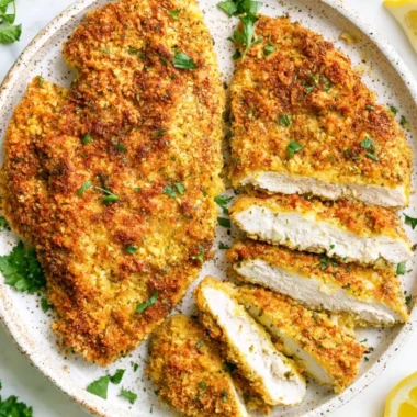 Crispy oven baked chicken cutlets served with fresh vegetables
