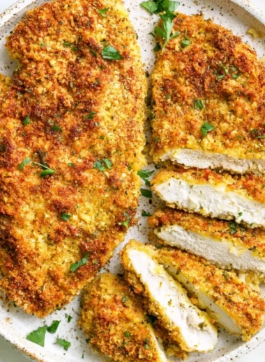Crispy oven baked chicken cutlets served with fresh vegetables