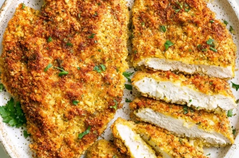 Crispy oven baked chicken cutlets served with fresh vegetables
