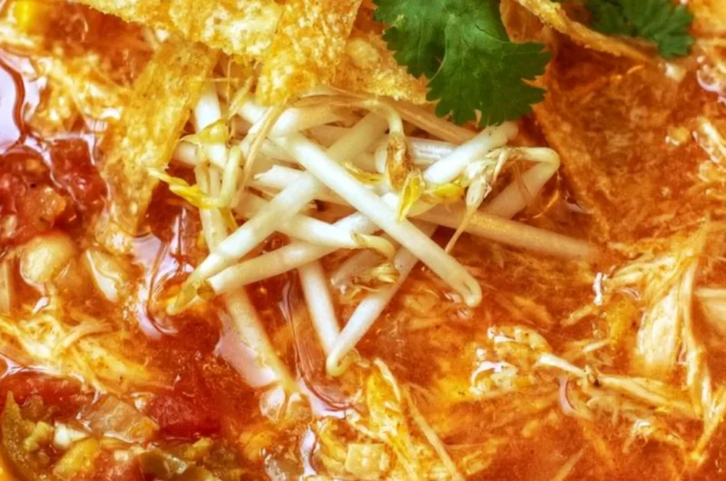 Delicious Crock Pot Chicken Tortilla Soup served in a bowl with crispy tortilla strips.