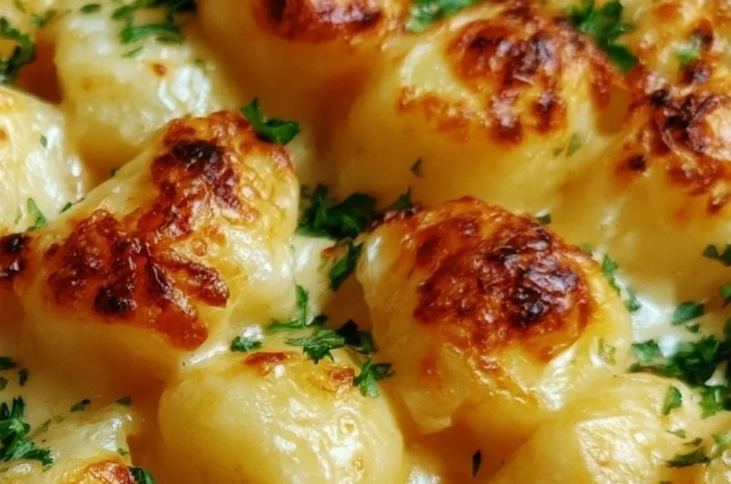 Baked Delmonico Potatoes garnished and ready to serve