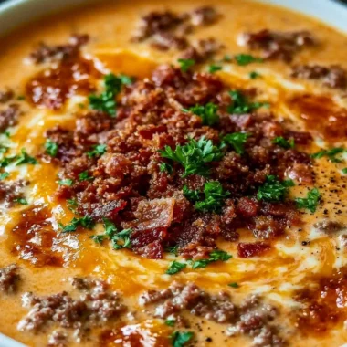 Creamy Bacon Cheeseburger Soup served in a bowl, garnished with cheese and bacon.