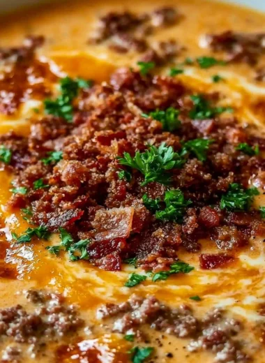 Creamy Bacon Cheeseburger Soup served in a bowl, garnished with cheese and bacon.