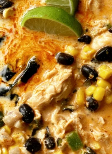 Bowl of easy chicken, poblano, and black bean soup topped with herbs