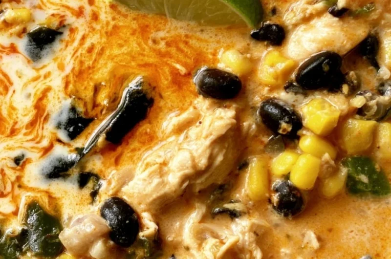 Bowl of easy chicken, poblano, and black bean soup topped with herbs