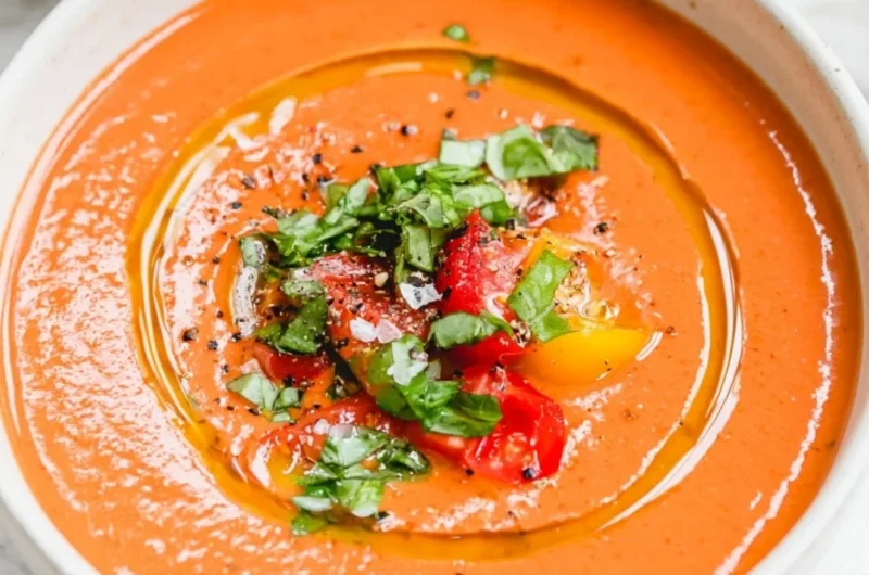Bowl of easy vegan gazpacho garnished with fresh herbs and vegetables.