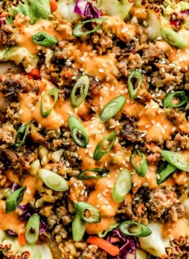 Delicious inside out egg roll bowl filled with vegetables and protein