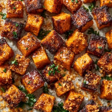 Delicious Garlic Parmesan Roasted Sweet Potatoes ready to serve