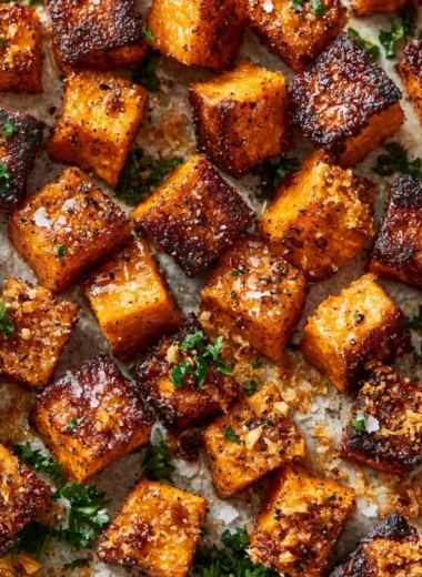 Delicious Garlic Parmesan Roasted Sweet Potatoes ready to serve