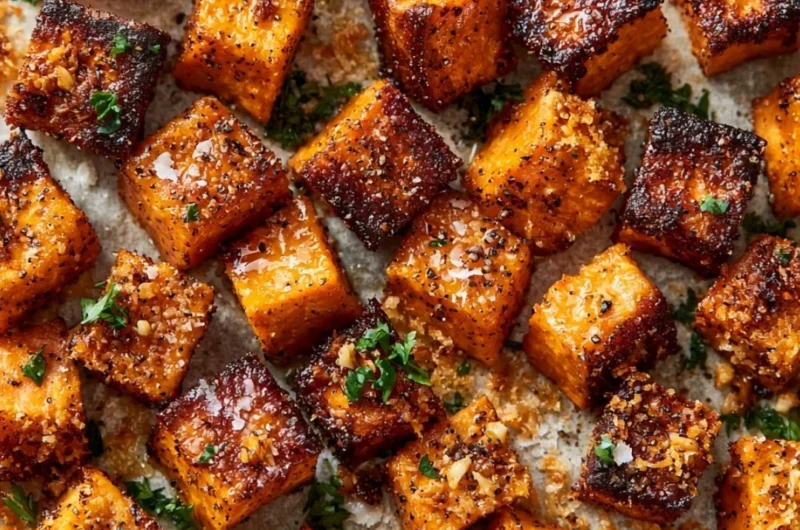 Delicious Garlic Parmesan Roasted Sweet Potatoes ready to serve