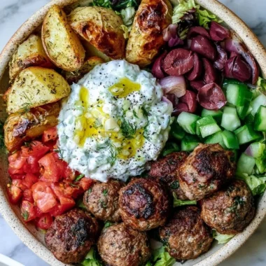 Delicious Greek Meatball Bowl with fresh ingredients and herbs