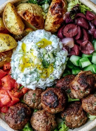Delicious Greek Meatball Bowl with fresh ingredients and herbs
