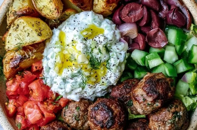 Delicious Greek Meatball Bowl with fresh ingredients and herbs
