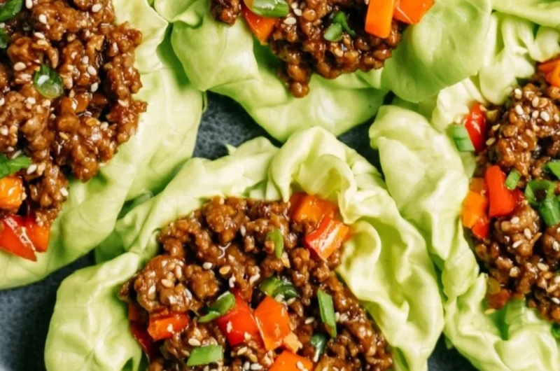 Plate of Ground Beef Lettuce Wraps with fresh vegetables and sauce