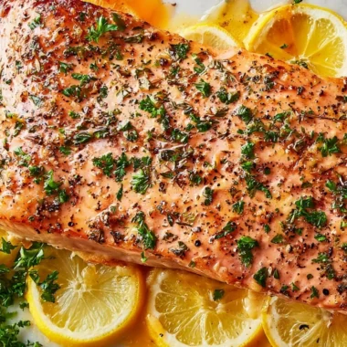 Healthy baked salmon in foil garnished with herbs and lemon on a plate