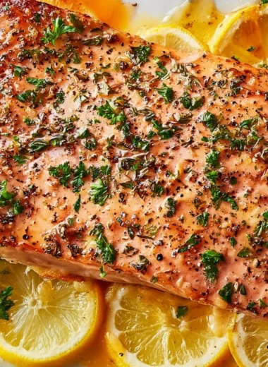 Healthy baked salmon in foil garnished with herbs and lemon on a plate
