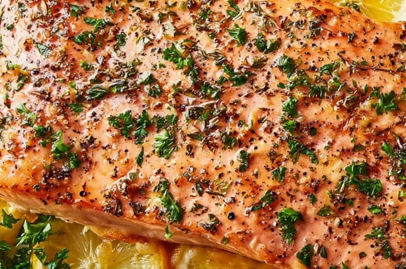 Healthy baked salmon in foil garnished with herbs and lemon on a plate