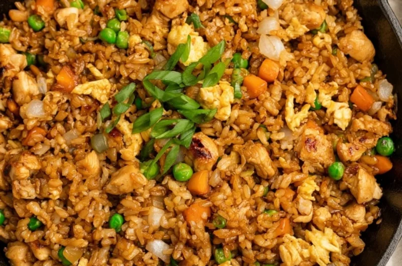 Delicious Hibachi Chicken Fried Rice served in a bowl with vegetables.