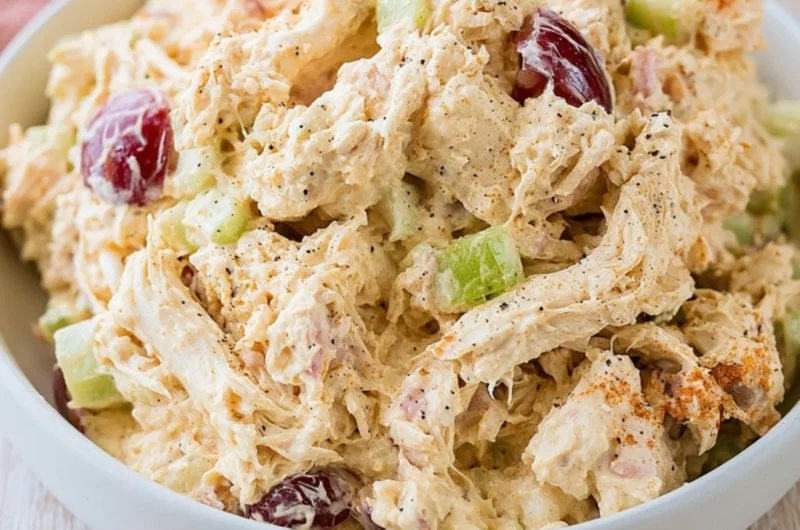 High protein cottage cheese chicken salad served in a bowl with fresh vegetables