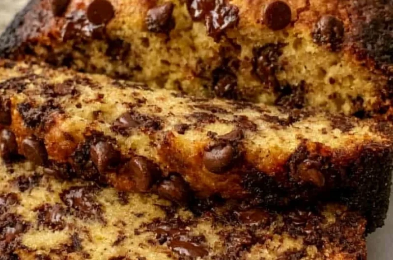 Super moist chocolate chip banana bread with melted chocolate chips