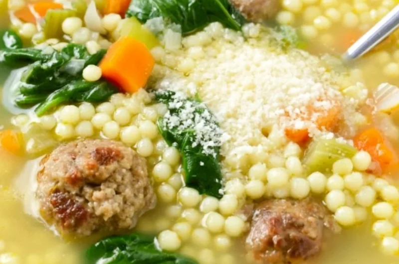 Bowl of traditional Italian Wedding Soup with meatballs and greens
