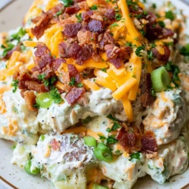 Delicious loaded baked potato salad with toppings and herbs