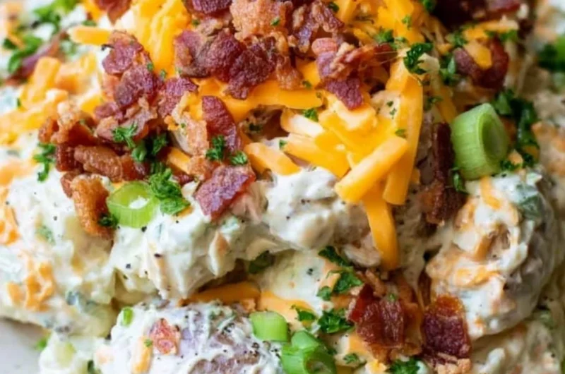 Delicious loaded baked potato salad with toppings and herbs