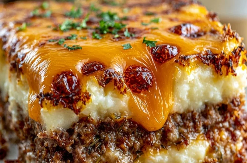 Delicious meatloaf served with mashed potatoes and melted cheese.