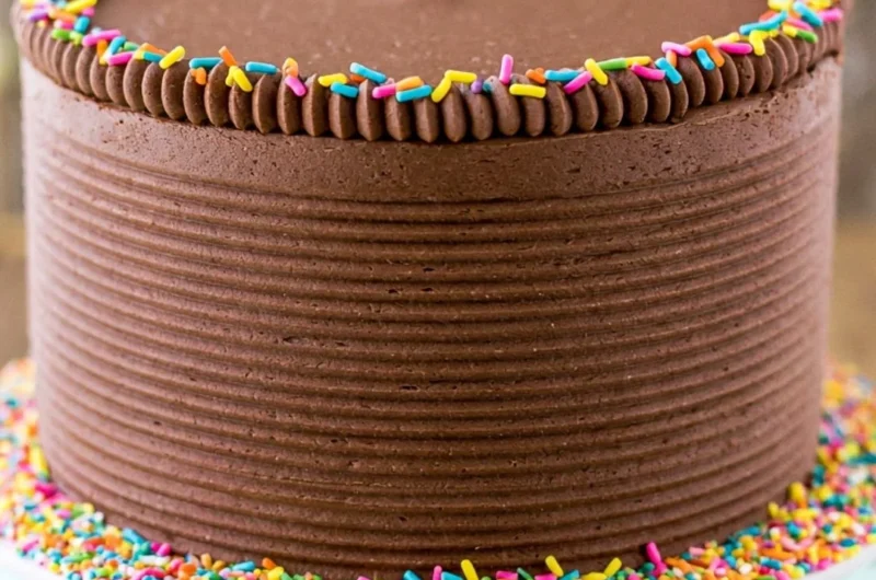 Moist yellow cake with chocolate frosting on a decorative plate