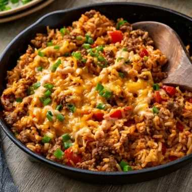 One Pot Cheesy Cajun Beef Rice served in a bowl with herbs